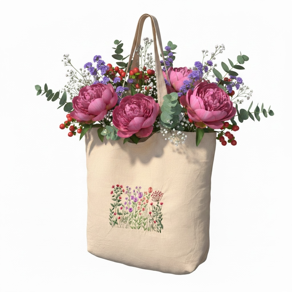 Flower Bouquet Embroidered 100% Cotton Tote Bag